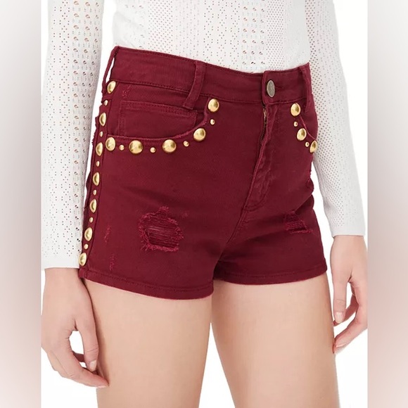 Sandro Pichi Studded Shorts Sz XS (EU 34/ US 2-4) Maroon Gold Studded High Rise - Picture 1 of 5